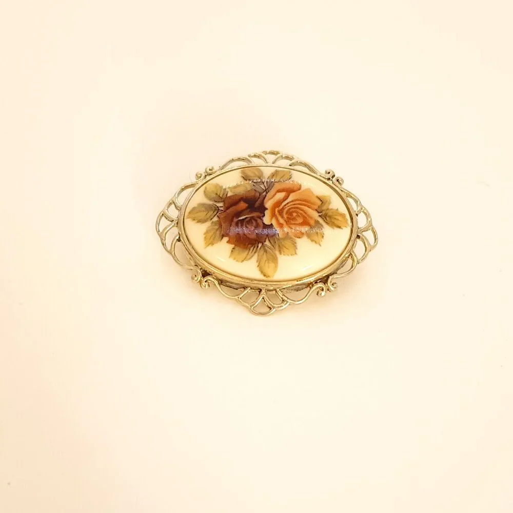 Jezlaine 925 Floral Cameo Brooch Vtg Sterling Silver Filigree Oval Porcelain Pin